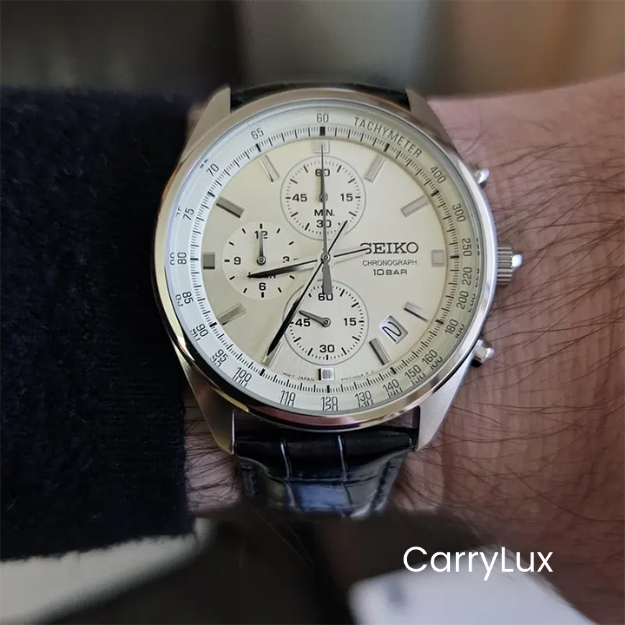 Seiko Chronograph Champagne Dial Calfskin Men’s Watch- SSB383P1 - Image 3