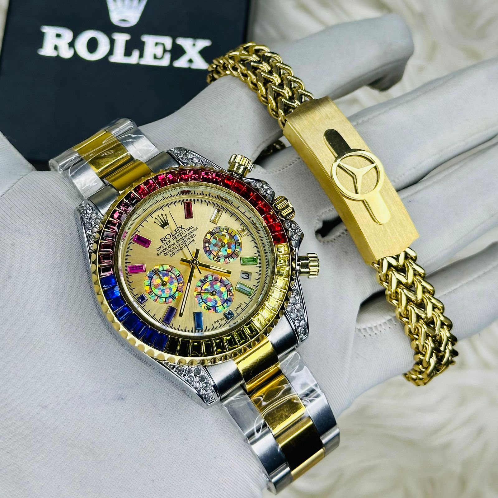 Premium Quality Rainbow Golden Watches & Bracelet Combo