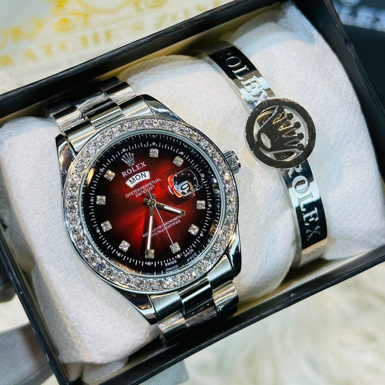 Premium Quality Silver Red Watches & Ring Bracelet