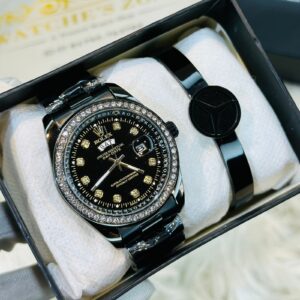 Premium Quality Full Black Stone Watches & Ring Bracelet