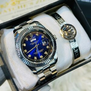 Premium Quality Silver Blue Watches & Ring Bracelet