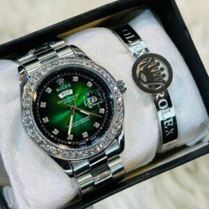 Premium Quality Silver Green Stone Watches & Ring Bracelet