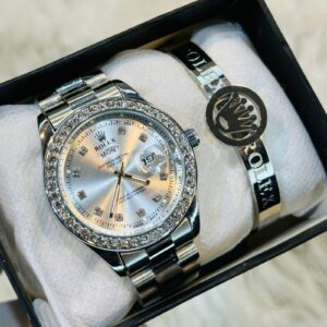 Premium Quality Full Silver Stone Watches & Ring Bracelet