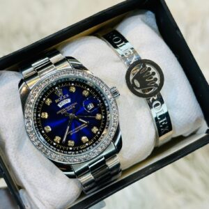 Premium Quality Silver Blue Stone Watches & Ring Bracelet