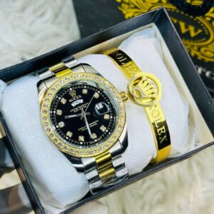 Premium Quality T Stone Black Watches & Ring Bracelet