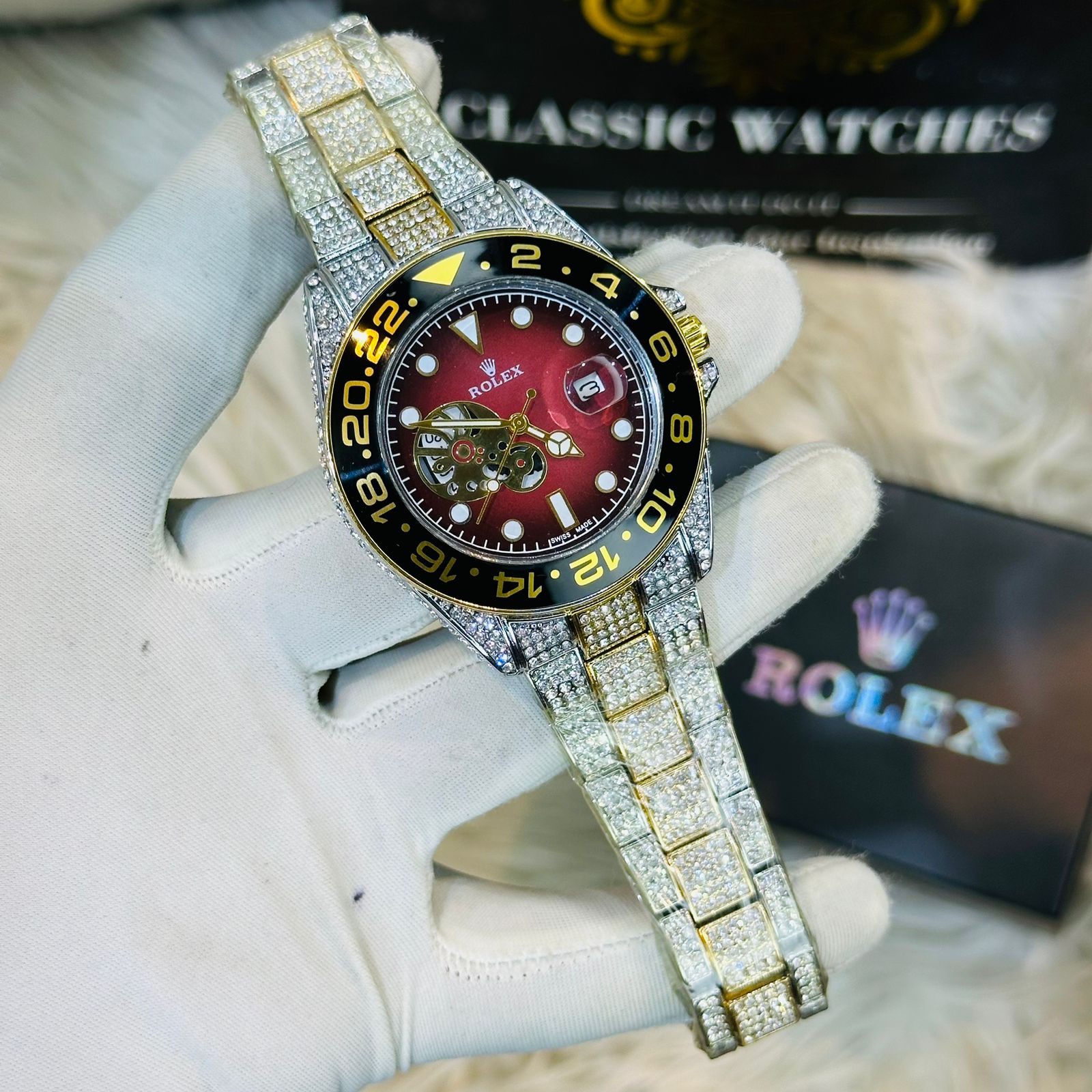 Premium Quality Diver Style Full Stone Red Dial Watches