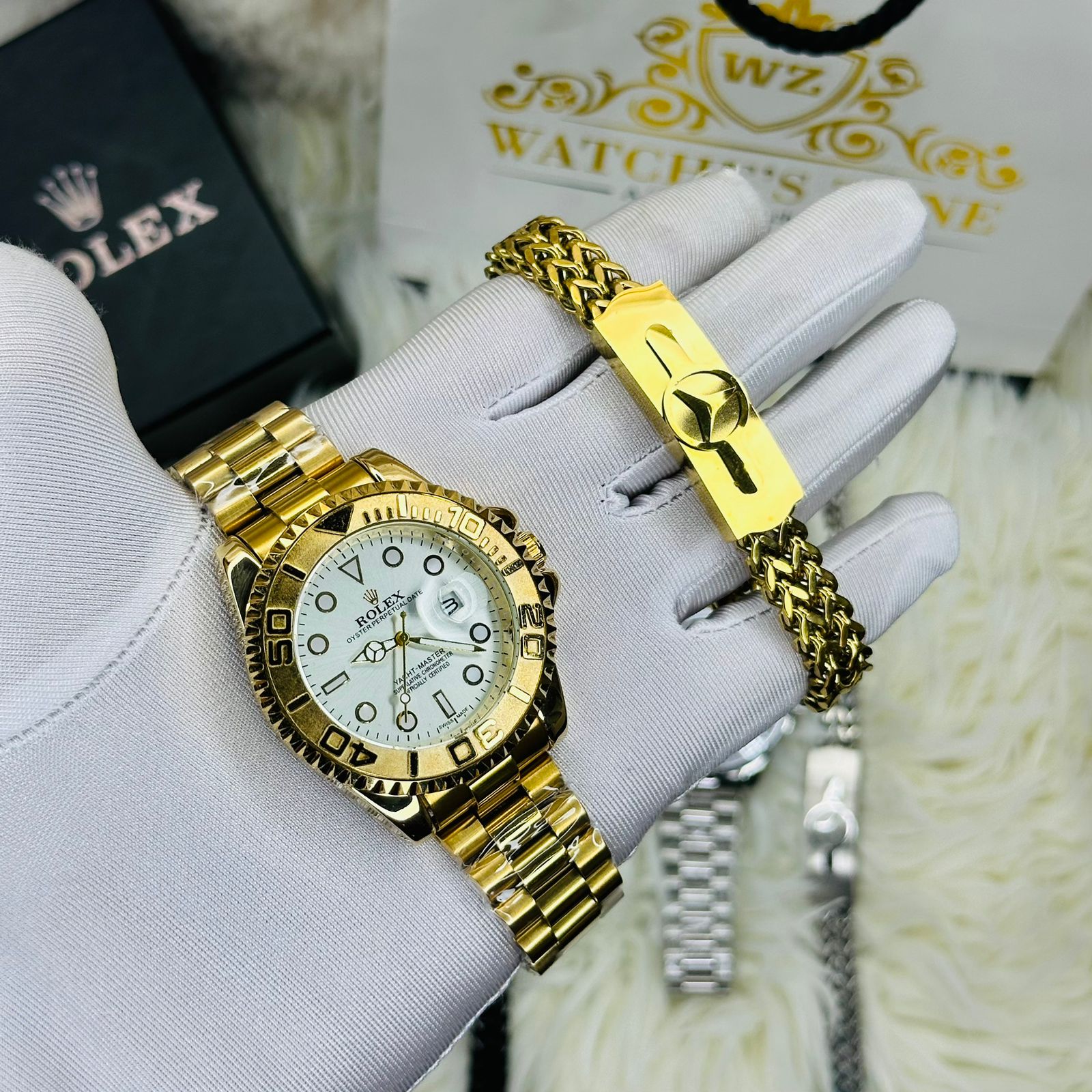 Premium Quality Luxury Sport Gold White Watches & Bracelet Combo