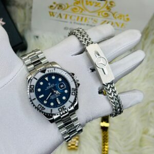 Premium Quality Luxury Sport Silver Blue Watches & Bracelet Combo