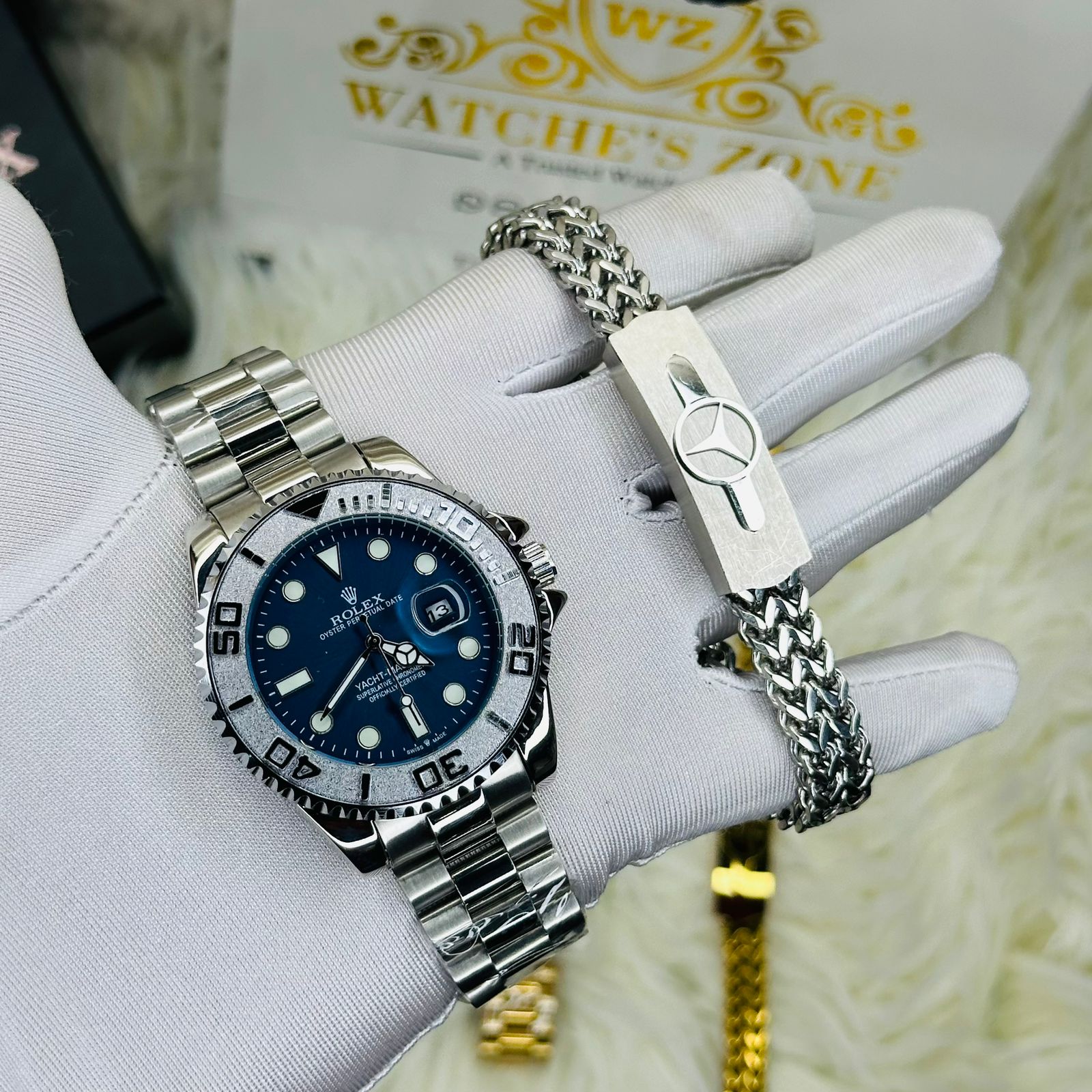 Premium Quality Luxury Sport Silver Blue Watches & Bracelet Combo