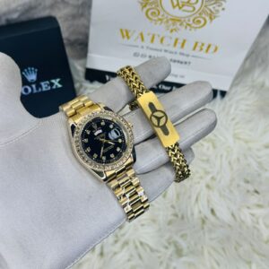 premium Quality watch & Bracelet Full golden Dial Black