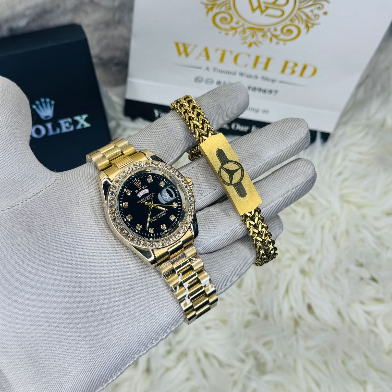premium Quality watch & Bracelet Full golden Dial Black