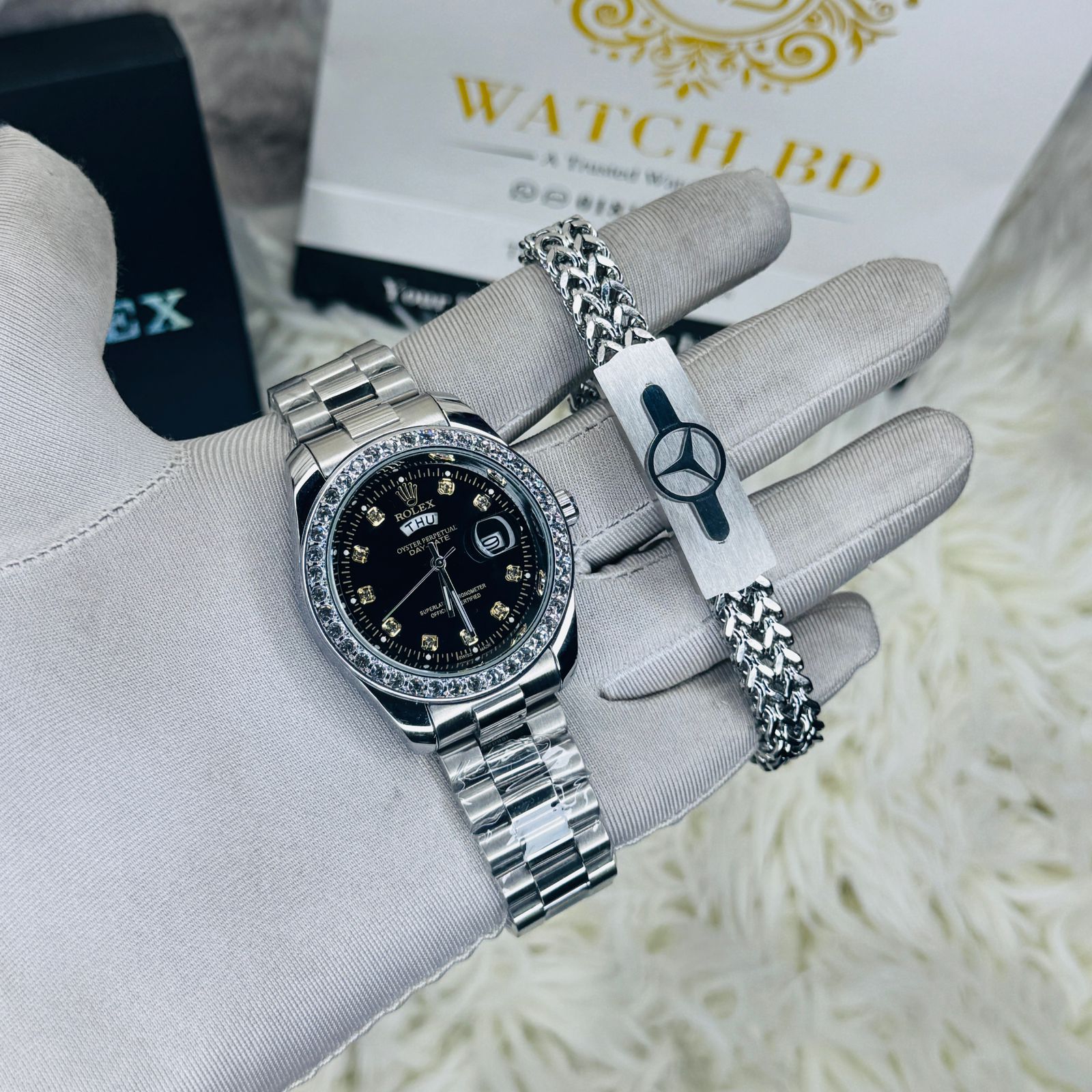 premium Quality watch & Bracelet Silver Black