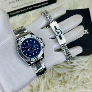 Premium Quality Luxury Sport Silver Blue Watches & Bracelet Combo